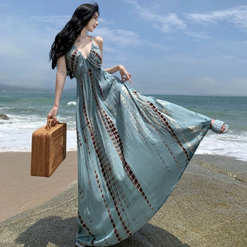 Sexy Sling Dress Women's Summer New Hainan Sanya Bohemia Printed Back Holiday Dress